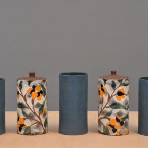 Garniture of Five Vases, 11.5”H x 5” x 30” chocolate brown stoneware, slip, oxidation, 2017
