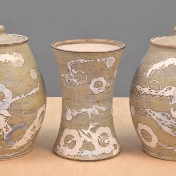 Garniture of Three Vases, detail, 12”H x 8 1⁄2” x 28”, stoneware, laser cut stencils, slip, oxidation, 2017