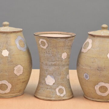 Garniture of Three Vases, 12”H x 8 1⁄2” x 28”, stoneware, laser cut stencils, slip, oxidation, 2017