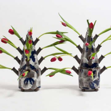 Pair of Tulip Vases with Imagined Flowers, Meissen Brown Stoneware, 2016, h 17” x w 9” x d 9”, 2016