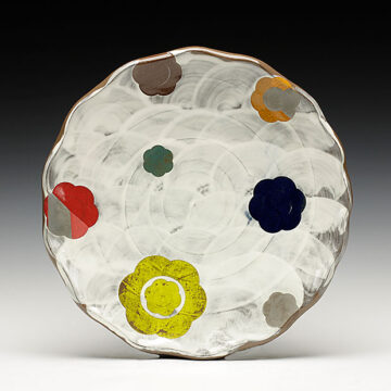 Dinner Plate with floating pattern, chocolate Brown Stoneware, stencils, slip, oxidation, d 10”, 2021