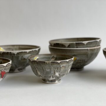 Set of ramen bowls, stoneware, stencils, slips, oxidation, various sizes, 2020