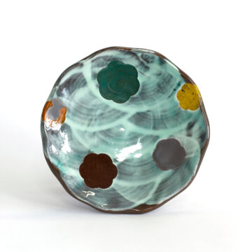 Snack Plate, chocolate brown stoneware, stencils, slip, oxidation, d 6”, 2020