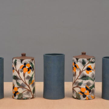 Garniture Set of Five Vases, chocolate brown stoneware, slip, underglaze, oxidation, h 12” each, 2017